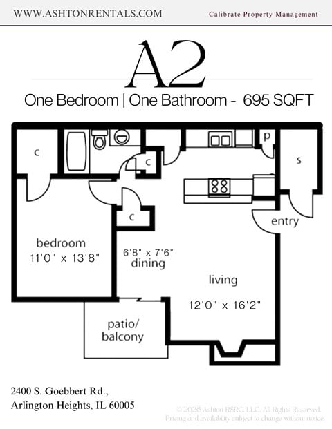 Floor plan for 1 bed, 1 bath, 695 sqft